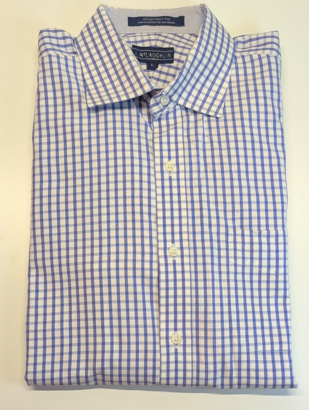 J.McLaughlin Mens Large Blue/White Gingham Check Cotton Button‎ Down Shirt EUC